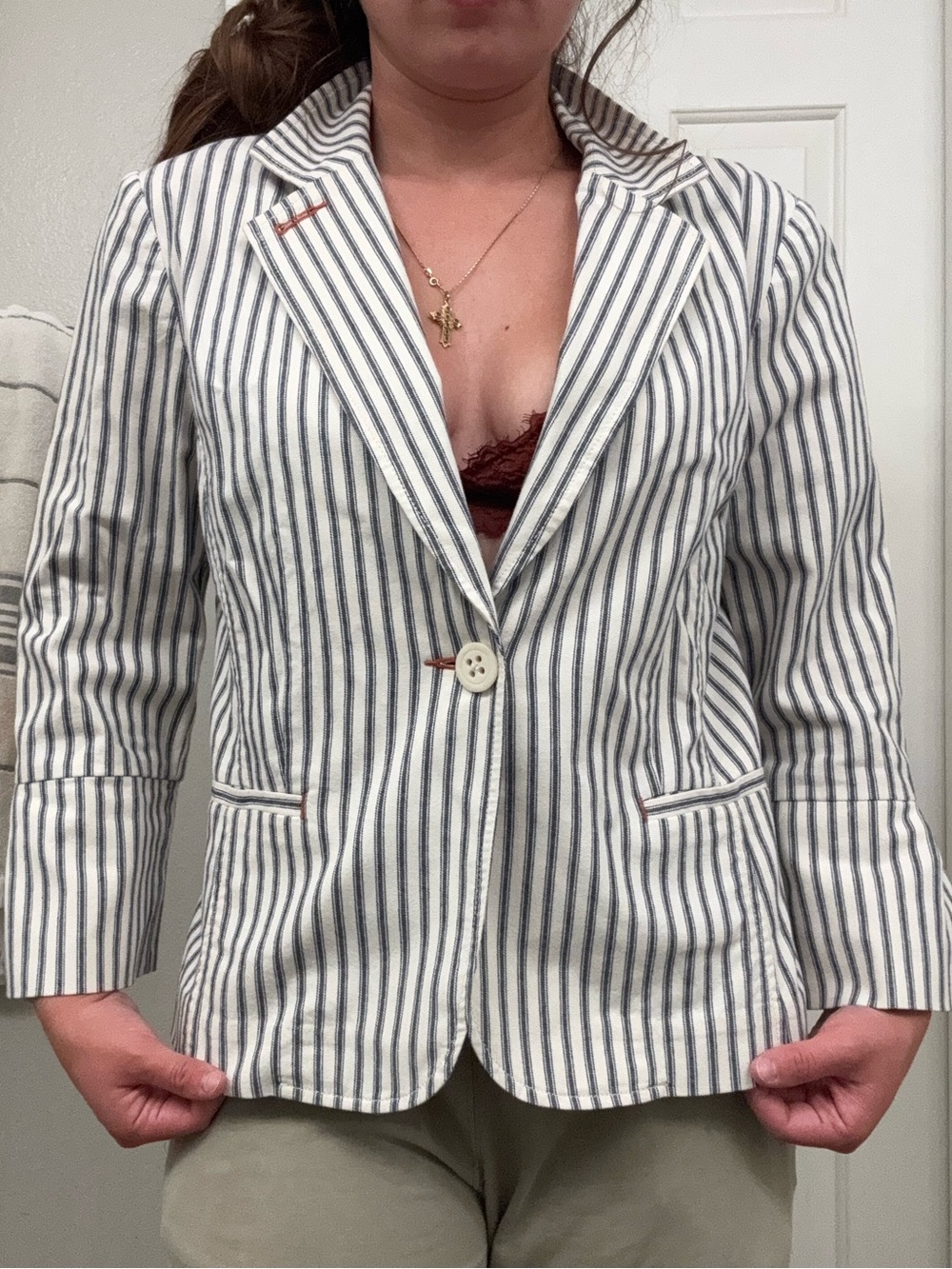 CAbi White and Navy Stripe Cotton Blazer